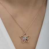 ​Gümüş Rose Renkli Taşlı Çiçek Kadın Kolye thumbnail 5