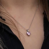 Gümüş Pembe Taşlı Kalpli Kadın Kolye thumbnail 4