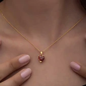 Gümüş Gold Kırmızı Taşlı Kalpli Kadın Kolye thumbnail 2