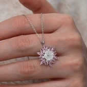Gümüş Pembe Lotus Desenli Çiçek Kadın Kolye - 7
