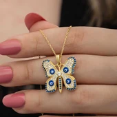 Gümüş Gold Nazarlı Kelebek Kadın Kolye thumbnail 1