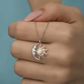 Gümüş Opal Beyaz Taşlı Ay Güneş Kadın Kolye thumbnail 1