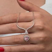 Gümüş Pembe Zirkon Taşlı Kalp Kadın Kolye thumbnail 1