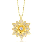 Gümüş Gold Beyaz Taşlı Lotus Çiçeği Kadın Kolye thumbnail 1