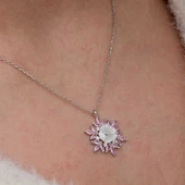 Gümüş Pembe Lotus Desenli Çiçek Kadın Kolye - 6
