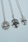 3'lü Lucifer Morning Star Pentagram Pagan Keçi Şeytan Gümüş Kaplama Kolye Seti thumbnail 1