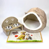 Alas Bej Keçe Kedi ve Köpek Evi Yatağı-Mama Kabı 2 Kaseli Kedi-Köpek Suluk, Mamalık Paspas Seti - 1
