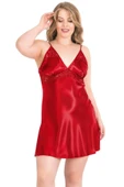 Bicomi Büyük Beden Kırmızı Kısa İkili Saten Sabahlık Gecelik Takımı thumbnail 2