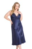 Bicomi Büyük Beden Lacivert Uzun İkili Saten Sabahlık Gecelik Takımı thumbnail 2