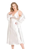 Bicomi Büyük Beden Ekru Uzun İkili Saten Sabahlık Gecelik Takımı thumbnail 2