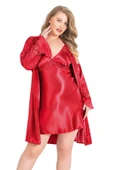 Bicomi Büyük Beden Kırmızı Kısa İkili Saten Sabahlık Gecelik Takımı thumbnail 1