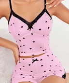 Bicomi Pembe Kalp Desenli Askılı Şortlu Pijama Takım thumbnail 2