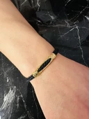 Erkek Gümüş Bileklik Deri Örgü El Yapımı Gold Altın Kaplama Işıltılı Şık Takı Kişiye Özel Hediye - 2