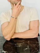 Erkek Kaplan Başlı Gümüş Bileklik Garnet Gözlü Safir Detaylı Çelik Bant Kararmaz Şık Takı thumbnail 3