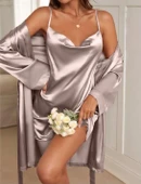 Bicomi Degajeli İnce Askılı Vizon Saten 2li Gecelik Sabahlık Takımı thumbnail 1