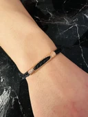 Erkek Rose Altın Kaplama Bileklik Deri Örgü El Yapımı Gümüş Işıltılı Şık Takı Kişiye Özel Hediye - 2
