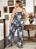 Bicomi Büyük Beden Çiçek Desenli İnce Askılı Lacivert 2li Takım thumbnail 2