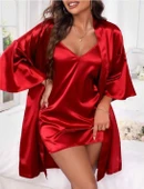 Bicomi İnce Askılı Kırmızı Saten 2li Gecelik Sabahlık Takımı thumbnail 2