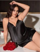 Bicomi Büyük Beden Siyah Saten Şortlu Takım - 2