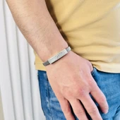Gümüş Erkek Bileklik,14k Beyaz Altın Kaplama,ışıltılı Desen Gümüş Ve Kararmaz Çelik Bant,Şık Hediye - 3
