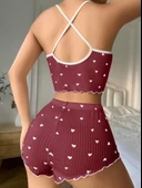 Bicomi Pamuklu Kahverengi Üstüne Beyaz Kalp Desen Fitilli Askılı Şortlu Pijama Takımı thumbnail 3