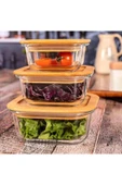Bambu Kapaklı Vakumlu 3'lü Kare Cam Kase Saklama Kabı Seti - 1