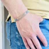 Gümüş Erkek Bileklik 14k Rose Altın Kaplama ,ışıltılı Desen Gümüş Ve Kararmaz Çelik Bant, Şık Hediye thumbnail 2