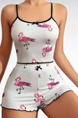 Bicomi Pamuklu Beyaz Üstüne Pelikan Desen Fitilli Askılı Şortlu Pijama Takımı - 2