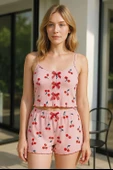 Bicomi Pembe Kiraz Desenli Kurdelalı Askılı Şortlu Pijama Takımı thumbnail 1