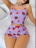 Bicomi Pamuklu Lila Üstüne Çilek Desen Fitilli Askılı Şortlu Pijama Takımı thumbnail 1
