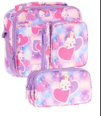 Kaukko Kids Kız Çocuk Lila Pembe Kalpli Kedi Baskılı Üç Bölmeli Thermo Beslenme Çantası ve Kalemlik Seti (L7219+L8219) thumbnail 1