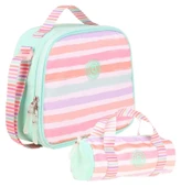 Kaukko Isı Yalıtımlı Beslenme Çantası ve Kalemlik Seti - Kız Çocuğuna Özel - Çizgi Desenli - Su Yeşili Pembe Renkli thumbnail 1