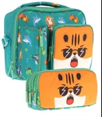 Kaukko Kids Erkek Çocuk Yeşil Turuncu Aslan Üç Bölmeli Thermo Beslenme Çantası ve Kalemlik Seti (L7254+L8254) - 1