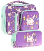 Kaukko Kids Kız Çocuk Mor Yeşil Tavşan Desenli Üç Bölmeli Thermo Beslenme Çantası ve Kalemlik Seti (L7242+L8242) - 1