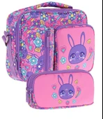 Kaukko Kids Kız Çocuk Mor Pembe Tavşan Baskılı Üç Bölmeli Thermo Beslenme Çantası ve Kalemlik Seti (L7220+L8220) thumbnail 1