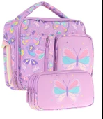 Kaukko Kids Kız Çocuk Lila Kelebek Desenli Üç Bölmeli Thermo Beslenme Çantası ve Kalemlik Seti (L7222+L8222) thumbnail 1