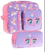 Kaukko Kids Kız Çocuk Lila Pembe Kedi Baskılı Üç Bölmeli Thermo Beslenme Çantası ve Kalemlik Seti (L7236+L8236) thumbnail 1
