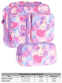 Kaukko Kids Kız Çocuk Lila Pembe Kalpli Kedi Baskılı Üç Bölmeli Thermo Beslenme Çantası ve Kalemlik Seti (L7219+L8219) thumbnail 2