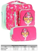 Kaukko Kids Kız Çocuk Kırmızı Yeşil Flamingo Desenli Üç Bölmeli Thermo Beslenme Çantası ve Kalemlik Seti (L7235+L8235) thumbnail 2