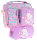 Kaukko Kids Kız Çocuk Mor Yeşil Denizkızı Üç Bölmeli Thermo Beslenme Çantası ve Kalemlik Seti (L7225+L8225) thumbnail 1