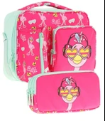 Kaukko Kids Kız Çocuk Kırmızı Yeşil Flamingo Desenli Üç Bölmeli Thermo Beslenme Çantası ve Kalemlik Seti (L7235+L8235) thumbnail 1