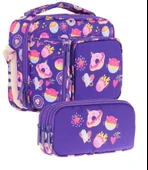 Kaukko Kids Kız Çocuk Mor Şekerlemeler Üç Bölmeli Thermo Beslenme Çantası ve Kalemlik Seti (L7216+L8216) thumbnail 1