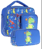 Kaukko Kids Erkek Çocuk Mavi Yeşil Dinazor Baskılı Üç Bölmeli Thermo Beslenme Çantası ve Kalemlik Seti (L7262+L8262) thumbnail 1