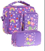Kaukko Kids Kız Çocuk Pembe Mor Flamingo Üç Bölmeli Thermo Beslenme Çantası ve Kalemlik Seti (L7226+L8226) thumbnail 1