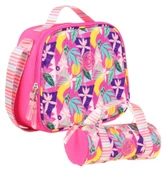 Kaukko Isı Yalıtımlı Beslenme Çantası ve Kalemlik Seti - Kız Çocuğuna Özel - Yaprak Desenli - Pembe Renkli thumbnail 1