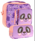 Kaukko Kids Kız Çocuk Mor Somon Panda Desenli Üç Bölmeli Thermo Beslenme Çantası ve Kalemlik Seti (L7233+L8233) thumbnail 1
