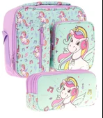 Kaukko Kids Kız Çocuk Turkuaz Unicorn Baskılı Üç Bölmeli Thermo Beslenme Çantası ve Kalemlik Seti (L7234+L8234) thumbnail 1