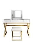 Hitit Dekorasyon Alisha Gold Metal Beyaz Makyaj Masası & Tabure - 1