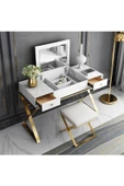 Hitit Dekorasyon Alisha Gold Metal Beyaz Makyaj Masası & Tabure - 4