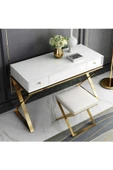 Hitit Dekorasyon Alisha Gold Metal Beyaz Makyaj Masası & Tabure - 3
